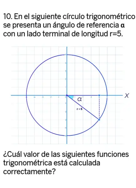 10. En el siguiente cfrculo trigonométrico
se presenta un ángulo de referencia a
con un lado terminal de longitud r=5
¿Cuál valor de las iguientes funciones
trigonomé	está calculada