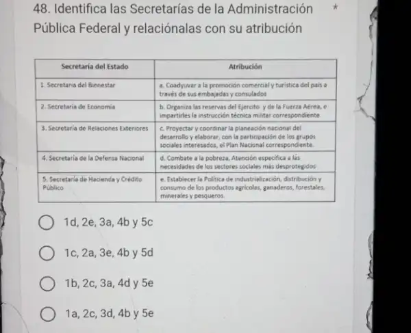 48. Identifica las Secretarías de la Administración Pública Federal y relaciónalas con su atribución

 Secretaría del Estado & Atribución 
 1. Secretaria del Bienestar & }(l)
a. Coadyuvar a la promoción comercial y turistica del pais a 
través de sus embajadas y consultados
 
 2. Secretaria de Economia & 
b. Organiza las reservas del Ejercito y de la Fuerza Aérea, e 
impartires la instrucción técnica militar correspondiente
 
 3. Secretaria de Relaciones Exteriores & 
c. Proyectar y coordinar la planeación nacional del 
desarrollo y elaborar, con la participación de los grupos 
sociales interesados, el Plan Nacional correspondiente.
 
 4. Secretaria de la Defensa Nacional & 
d. Combate a la pobreza, Atención específica a lás 
necesidades de los sectores sociales más despregegios
 
 
5. Secretaria de Hacienda y Crédito 
Público
 & 
e. Establecer la Política de industrialización, distribución y 
consumo de los productos agricolas, ganaderos, forestales, 
minerales y pesqueros.
 


 1 d, 2 e, 3 a, 4 b y 5 c 
 1 c, 2 a, 3 e, 4 b y 5 d 
 1 b, 2 c, 3 a, 4 d y 5 e 
 1 a, 2 c, 3 d, 4 b y 5 e