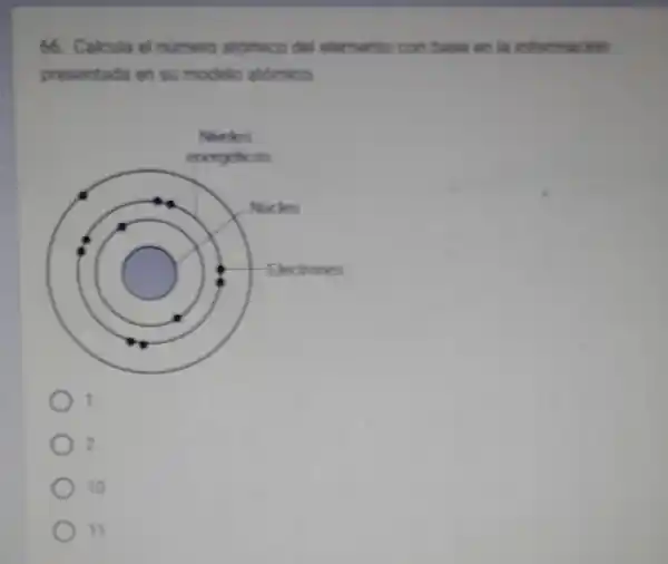 66. Calcula el numero atomico del elemento con base en la informacion
presentada en su modelo atomico
t
2
10
11