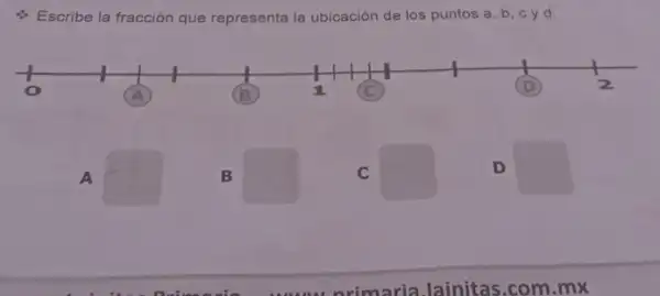 Escribe la fracción que representa la ubicación de los puntos a, b , cyd.
A
square 
B
C
square 
square