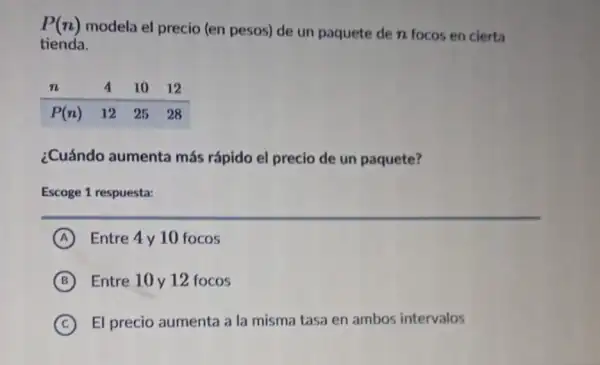 P(n) modela el precio (en pesos) de un paquete de n focos en cierta tienda.

 n & 4 & 10 & 12 
 P(n) & 12 & 25 & 28

¿Cuándo aumenta más rápido el precio de un paquete?
Escoge 1 respuesta:
(A) Entre 4 y 10 focos
(B) Entre 10 y 12 focos
(C) El precio aumenta a la misma tasa en ambos intervalos