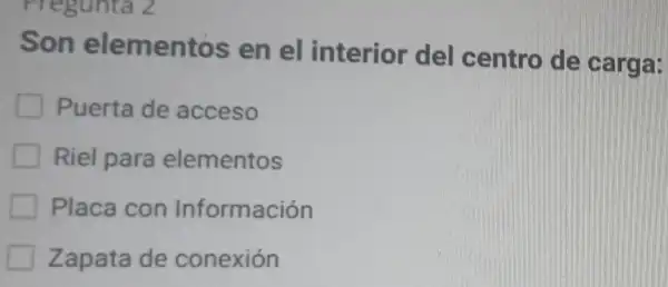 Son elementos en el interior del centro de carga:
Puerta de acceso
Riel para elementos
Placa con Información
Zapata de conexión