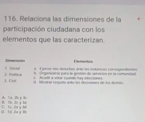 116. Relaciona las dimensiones de la
participación ciudadana con los
elementos que las caracterizan.
Dimensión
Elementos
a. Ejercer mis derechos ante las instancias correspondientes
b. Organizarse para la gestion de servicios en la comunidad
C. Acudir a votar cuando hay elecciones.
1. Social
2. Politica
3. Civil
d. Mostrar respeto ante las decisiones de los demás.
A. 1a, 2by 3c
B. 1b, 2cy 3a
C. 1c, 2a y 3d
D. 1d, 2a y3b