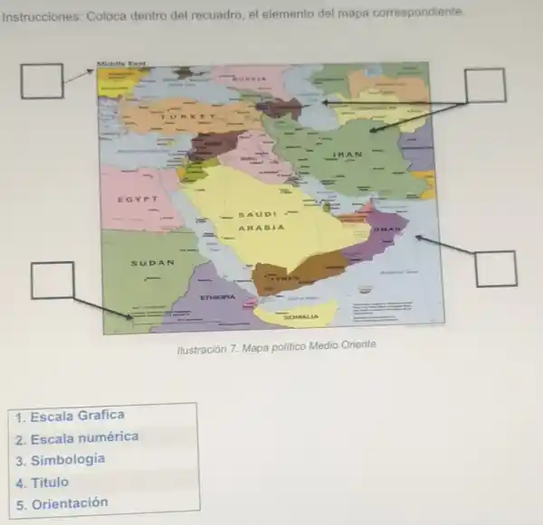 Instrucciones: Coloca dentro del recuadro, el elemento del mapa correspondiente.
Ilustración 7. Mapa politico Medio Oriente
1. Escala Grafica
2. Escala numérica
3. Simbología
4. Titulo
5. Orientación