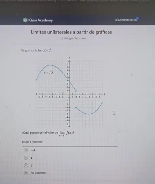 munevelues
(1) Khan Academy
Límites unilaterales a partir de gráficas
(1) Google Classroom
Se grafica la función f.
¿Cuál parece ser el valor de lim _(xarrow 2^-)f(x)
Escoge 1 respuesta:
A -4
B 1
C 2
D No acotado
jesusmeneses196