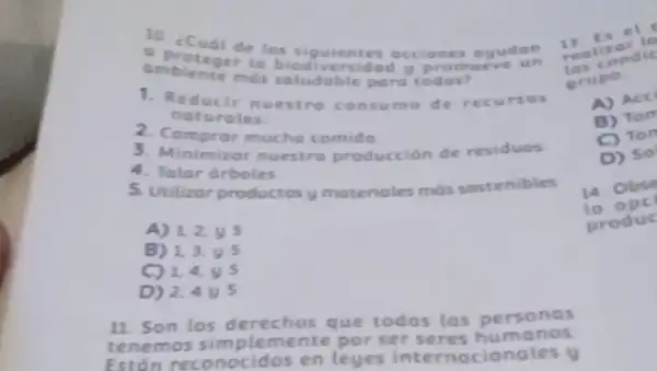 10 ¿Cuál de los siguientes acciones agudan
ambiente mas soludoble para
ambienter la
1. Reducir n mo de recur sos
natu roles
2. Comprar mucha comida
3. Minimizar nuestro producción de residuos
4. Talar drboles
5. Utilizor productosy materiales más sostenibles
A) 1,2,y5
B) 1.3.y5
C) 1,4,y5
D) 2,4y5
11. Son los derechos que todos las personas
tene mos simplemente por ser seres humanos
Estân reconocidos en leyes internacionales y
1) Es el
realize 10
dic
grupo
A
B
(2) Tor
D) So
lo
produc