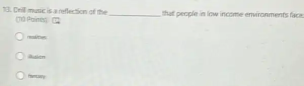 13. Drill music is a reflection of the __ that people in low income environments face.
(10 Points) 17
realities
ilusian
fantasy
