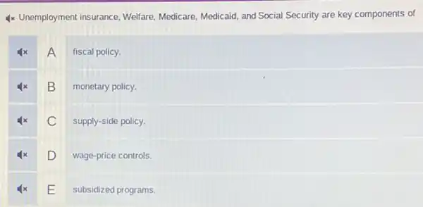 4x Unemployment insurance Welfare, Medicare, Medicaid, and Social Security are key components of
A fiscal policy.
B monetary policy.
C supply-side policy.
D wage-price controls.
E
subsidized programs.