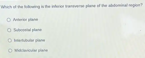 Which of the following is the inferior transverse plane of the abdominal region?
Anterior plane
Subcostal plane
Intertubular plane
Midclavicular plane