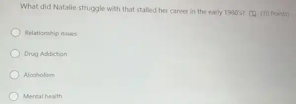 What did Natalie struggle with that stalled her career in the early 1980's
Relationship issues
Drug Addiction
Alcoholism
Mental health
(4) (10 Points)