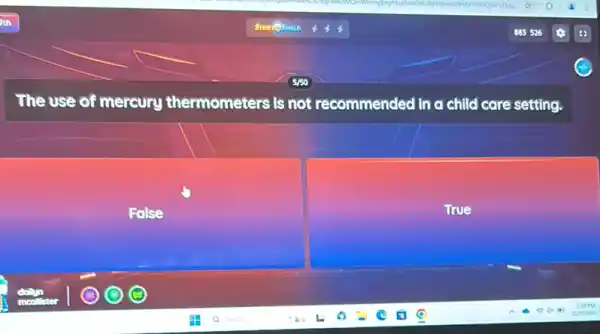 The use of mercury thermometers is not recommended in a child care setting.
False
True