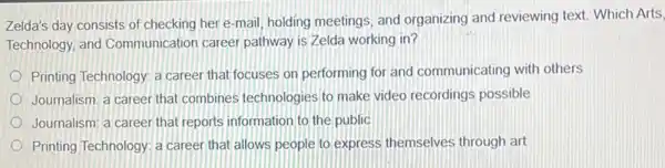 Zelda's day consists of checking her e-mail holding meetings, and organizing and reviewing text Which Arts,
Technology, and Communication career pathway is Zelda working in?
Printing Technology: a career that focuses on performing for and communicating with others
Journalism; a career that combines technologies to make video recordings possible
Journalism; a career that reports information to the public
Printing Technology: a career that allows people to express themselves through art