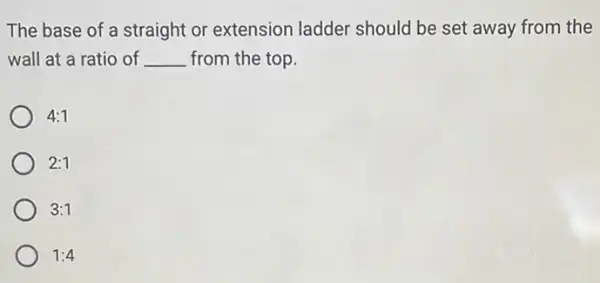 The base of a straight or extension ladder should be set away from the
wall at a ratio of __ from the top.
4:1
2:1
3:1
1:4