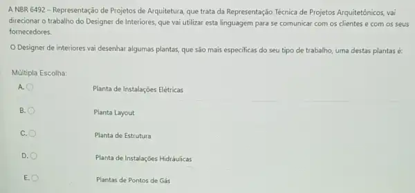 A NBR 6492 - Representação de Projetos de Arquitetura que trata da Representação Técnica de Projetos Arquitetônicos, vai
direcionar o trabalho do Designer de Interiores, que vai utilizar esta linguagem para se comunicar com os clientes e com os seus
fornecedores.
Designer de interiores vai desenhar algumas plantas que são mais especificas do seu tipo de trabalho, uma destas plantas é:
Múltipla Escolha:
Planta de Instalações Elétricas
B.
Planta Layout
C.
Planta de Estrutura
D.
Planta de Instalações Hidráulicas
E.
Plantas de Pontos de Gás