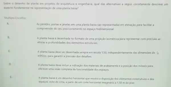 Sobre o desenho da planta em projetos de arquitetura e engenharia, qual das alternativas a seguir corretamente descreve um
aspecto fundamental na representação de uma planta baixa?
A.
Multipla Escolha
As paredes, portas e janelas em uma planta baixa são representadas em elevação para facilitar a
compreensão do seu posicionamento no espaço tridimensional.
A planta baixa é desenhada no formato de uma projeção isométrica para representar com precisão as
alturas e profundidades dos elementos estruturais.
A planta baixa deve ser desenhada sempre em escala 1:50, independente mente das dimensões do
edificio, para garantir a precisǎo dos detalhes.
A planta baixa deve incluir a indicação dos materiais de acabamento e a posição dos móveis para
oferecer uma visão completa da funcionalidade dos espaços
A planta baixa é um desenho horizontal que mostra a disposição dos elementos construtivos e dos
espaços, visto de cima a partir de um corte horizontal imaginário a 1,50 m do piso
B.
C.
D.
E