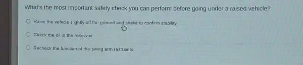 What's the most important safety check you can perform before going under a raised vehicle?
Raise the vehicle slightly off the ground and shake to confirm stability.
Check the oil in the reservoir
Recheck the function of the swing arm restraints