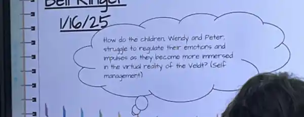 1 / 6 / 25 
How do the children. Wendy and Peter. struggle to regulate their emotions and impulses as they became more immersed in the virtual reality of the Veldt? (Self management)