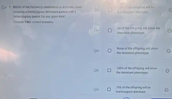 Of 1 which of the following statements is accurate when a
crossing a homozygous dominant parent with a
heterozygous parent for any given trait?
Choose TWO correct answers.
25%  of the offspring will be
Os
homozygous recessive
All of the offspring will show the
recessive phenotype.
Do
the recessive phenotype.
None of the offspring will show
o
the dominant phenotype
100%  of the offspring will show
o
homozygous dominant.
75%  of the offspring will be