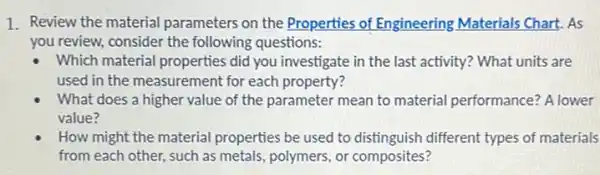 1. Review the material parameters on the Properties of Engineering Materials Chart. As
you review, consider the following questions:
Which material properties did you investigate in the last activity? What units are
used in the measurement for each property?
What does a higher value of the parameter mean to material performance? A lower
value?
How might the material properties be used to distinguish different types of materials
from each other, such as metals, polymers, or composites?