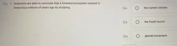 1. Scientists are able to conclude that a forested ecosystem existed in
Antarctica millions of years ago by studying
the current climate.
D the fossil record.
glacial movement.