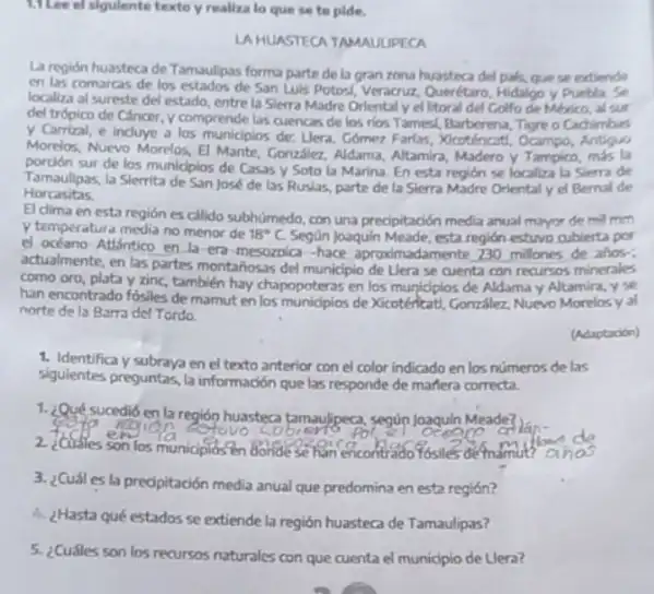 11.Lee el sigulente texts y realiza lo que se to pide.
LA HUASTECATAMAUUDECA
La región huasteca de Tamaulipas forma parte de la gran zona huasteca del pals, quese extiende
en las comarcas de los estados de San Luis Potos, Veracruz, Querétaro, Hidalgo yourblase
localiza al sureste del estado, entre la Sierra Madre Orientaly ef Ittoral del Colfo de Mexico al sur
del trópico de Cáncer y comprende las cuencas de los rios T ames, Barberena, Tigre o Cadimbin
y Carrizal, e induye a los municiplos de: Uera.Comer Farlas, Yocottencatt, Ocampo Antiguo
Morelos, Nuevo Morelos, El Mante, Gonzalier, Aldama, Altamira Madero y Tampico, mas la
porción sur de los municipios de Casas y Soto la Marina. En esta región se localtza la Sierra de
Tamaulipas, la Slerrita de San José de las Ruslas, parte de la Sierra Madre Orientaly el Bernal de
Horcasitas
El clima en esta región es calido subhúmedo con una precipitación media anual mayor de mil mm
y temperatura media no menor de 18^circ C Següin Joaquin Meade, esta region estuvo cubierta por
el océano Atlántico en la en-mesozoica -hace aproximadamente 230 millones de ahos.
actualmente, en las partes montariosas del municipio de Uera se cuenta con recursos minerales
como oro, plata y zinc, también hay chapopoteras en los municiplos de Aldama y Altamira, y se
han encontrado fosiles de mamut en los muniopios de Kicotéhkati, Gonzlier, Nuevo Morelos yal
norte de la Barra del Tordo
(Adaptacion)
1. Identifica y subraya en el texto anterior con el color indicado en los números de las
siguientes preguntas, la información que las responde de maffera correcta.
1. ¿Qué sucedió en la regióo huasteca tamaulpeca segup Joaquin Meade?
brong
los municipiosen Gondese han encontrado Yosiles de (mamul)
How do
3. ¿Cuáles la predipitación media anual que predomina en esta región?
4. ¿Hasta qué estados se extiende la región huasteca de Tamaulipas?
5. ¿Cuáles son los recursos naturales con que cuenta el municipio de Liera?