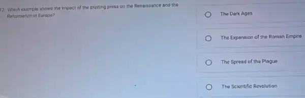 12. Which example shows the impact of the printing press on the Renaissance and the
Reformation in Europe?
The Dark Ages
The Expansion of the Roman Empire
The Spread of the Plague
The Scientific Revolution