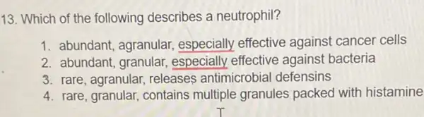 13. Which of the following describes a neutrophil?
1. abundant, agranular especially effective against cancer cells
2. abundant, granular especially effective against bacteria
3. rare, agranular releases antimicrobia I defensins
4. rare, granular contains multiple granules packed with histamine