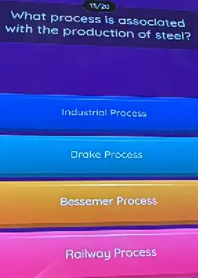 13/20
What process is assoclated
with the production of steel?
Industrial Process
Drake Process
Bessemer Process
Railway Process