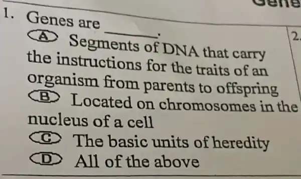 1.
Genes are
__
x
Segments of DNA that carry
the instructions for the traits of an
organism from parents to offspring
(B)
Located on chromosomes in the
nucleus of a cell
c
The basic units of heredity
All of the above
2.