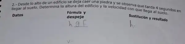 2.- Desde lo alto de un edificio se deja caer una piedra
llegar al suelo. Determina la altura del edificio y la velocidenserva que tarda 4
Datos
Fórmula y
despeje
Sustitución y resultado
__