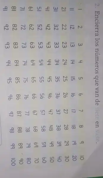 2. Encierra los números que van de siete en siete.

1 & 2 & 3 & 4 & 5 & 6 & 7 & 8 & 9 & 10 
11 & 12 & 13 & 14 & 15 & 16 & 17 & 18 & 19 & 20 
21 & 22 & 23 & 24 & 25 & 26 & 27 & 28 & 29 & 30 
31 & 32 & 33 & 34 & 35 & 36 & 37 & 38 & 39 & 40 
41 & 42 & 43 & 44 & 45 & 46 & 47 & 48 & 49 & 50 
51 & 52 & 53 & 54 & 55 & 56 & 57 & 58 & 59 & 60 
61 & 62 & 63 & 64 & 65 & 66 & 67 & 68 & 69 & 70 
71 & 72 & 73 & 74 & 75 & 76 & 77 & 78 & 79 & 80 
81 & 82 & 83 & 84 & 85 & 86 & 87 & 88 & 89 & 90 
91 & 92 & 93 & 94 & 95 & 96 & 97 & 98 & 99 & 100