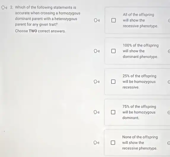 Do 2. Which of the following statements is
accurate when crossing o homozygous
dominant parent with a heterozygous
parent for any given trait?
Choose TWO correct answers
All of the offspring
o	will show the
recessive phenotype
100%  of the offspring
D4	will show the
dominant phenotype
25%  of the offspring
Di)	D will be homozygous
recessive.
75%  of the offspring
Do)	will be homozygous
dominant.
None of the offspring
Do)	will show the
recessive phenotype