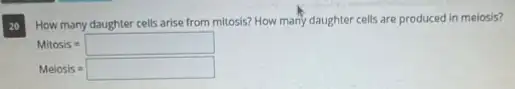 20
How many daughter cells arise from mitosis? How many daughter cells are produced in meiosis?
Mitosis=square 
Meiosis=square