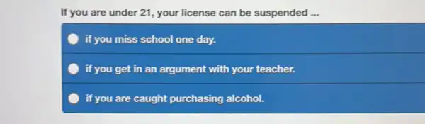 If you are under 21, your license can be suspended ...
) if you miss school one day.
if you get in an argument with your teacher.
if you are caught purchasing alcohol.