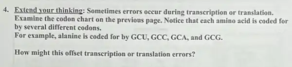 4. Extend your thinking: Sometimes errors occur during transcription or translation.
Examine the codon chart on the previous page Notice that each amino acid is coded for
by several different codons.
For example, alanine is coded for by GCU,GCC, GCA, and GCG.
How might this offset transcription or translation errors?