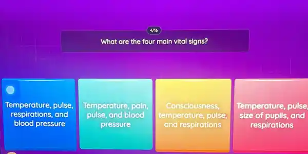 4/16
What are the four main vital signs?
Temperature, pulse
respirations,and
blood pressure
square 
Temperature, pain
pulse,and blood
Consciousness
temperature, pulse,
and respirations
Temperature, pulse
size of puoils, and
respirations