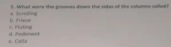 5. What were the grooves down the sides of the columns called?
a. Scrolling
b. Frieze
c. Fluting
d. Pediment
e. Cella