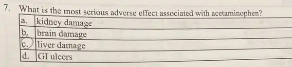 7. What is the most serious adverse effect associated with acetaminophen?
a. kidney damage
b. brain damage
c. liver damage
d. GI ulcers