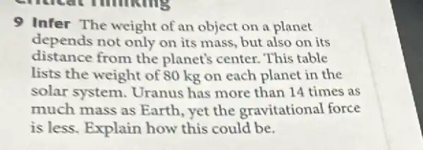 9 Infer The weight of an object on a planet
depends not only on its mass, but also on its
distance from the planet's center. This table
lists the weight of 80 kg on each planet in the
solar system. Uranus has more than 14 times as
much mass as Earth.yet the gravitational force
is less. Explain how this could be.