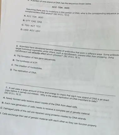 ACC TGA AOO
there are nomulations in this portor or DNA. what is the comesponding sequence of
complementary ONA strand? (SC.9)
A. ACCTGA AGO
B. OTT CAG GAA
C. TGG ACT TCC
D. UGO ACUUUCC
8. Scientists have developed several classes of antibiotics the work in different ways. Some antibiotid
individual organetes while ches such a cprofoxacin, prevent DNA from unripping Using
cprotoxacin wil directly affect which process?
(SC.912L.16.3)
A. The formation of new gene sequences.
B. The synthesis of ATP
C. The creation of nucleotides
D. The replication of ONA
7. A cell uses a large amount of time and energy to check that each new strand of DNA is an exact.
copy before it carries out mitosis. Why is the exact replication of DNA important to cells?
(SC.912.1.16.3)
A. Newly formed cells receive exact copies of the DNA from dead colls.
B. Each new generation of cells needs to receive a complete set of genetic material.
C. Damaged parts of the cell are repaired using proteins created by DNA strands.
). Cells exchange their set of ganetic material with each other so they can function property.