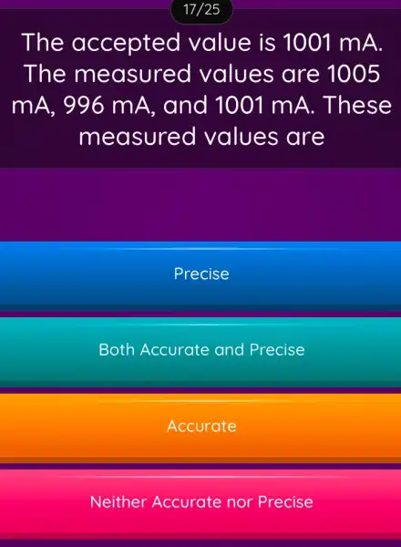 The accepted value is 1001 mA.
The measured values are 1005
mA. 996 mA, and 1001 mA . These
measured values are
Precise
Both Accurate and Precise
Accurate
Neither Accurate nor Precise