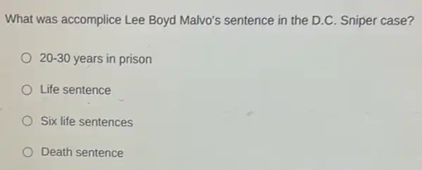 What was accomplice Lee Boyd Malvo's sentence in the D.C Sniper case?
20-30 years in prison
Life sentence
Six life sentences
Death sentence