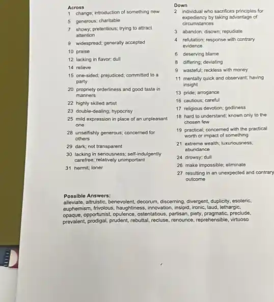 Across
1 change; introduction of something now
5 generous; charitable
7 showy, pretentious; trying to attract
attention
9 widespread; generally accepted
10 praise
12 lacking in flavor.dull
14 reliove
15 one-sided; prejudiced; committed to a
party
20 propriety orderliness and good taste in
manners
22 highly skilled artist
23 double-dealing; hypocrisy
25 mild expression in place of an unpleasant
one
28 unselfishly generous; concerned for
others
29 dark; not transparent
30 lacking in seriousness:self-indulgently
carefree:relatively unimportant
31 hermit; loner
Down
2 individual who sacrifices principles for
expediency by taking advantage of
circun instances
3 abandon; disown; repudate
4 refutation; response with contrary
evidence
6 deserving blame
8 differing: deviating
9 wasteful; reckless with money
11 mentally quick and observant; having
insight
13 pride; arrogance
16 cautious; careful
17 religious devotion; godfiness
18 hard to understand.known only to the
chosen few
19 practical; concerned with the practical
worth or impact of something
21 extreme wealth; luxunousness;
abundance
24 drowsy; dull
26 make impossible; eliminate
27 resulting in an unexpected and contrary
outcome
Possible Answers:
alleviate, attruistic, benevolent, decorum discerning, divergent, duplichly, esclenc,
euphemism, frivolous, haughtiness, innovation insipid, ironic, laud, lethargic,
opaque.opportunist, opulence, ostentatious, partisan piety, pragmatic, preclude,
prevalent, prodgal, prudent, rebuttal, recluse renounce, reprehensible, virtuoso