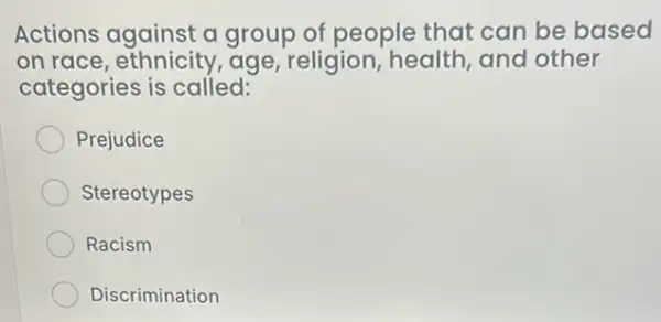 Actions against a group of people that can be based
on race , ethnicity,age, religion health, and other
categories is called:
Prejudice
Stereotypes
Racism
Discrimination