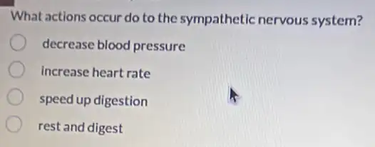 What actions occur do to the sympathetic nervous system?
decrease blood pressure
Increase heart rate
speed up digestion
rest and digest