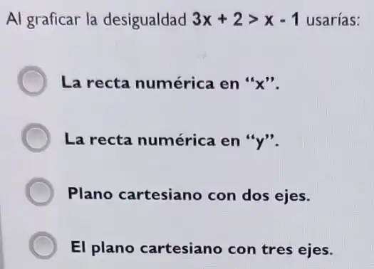 Al graficar la desigualdad 3x+2gt x-1 usarías:
La recta numérica en
La recta numérica en "y".
Plano cartesiano con dos ejes.
El plano cartesiano con tres ejes.