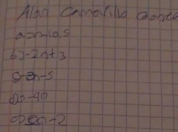 Aloo camorilo cones
[

 ( a ) x-10,5 
 ( b) )-2 x+3 
 ( g-3n-5 ) 
 ( d) ) 5-4 n 
 ( c) ) 0 x-2

]