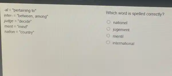 -al=''pertaining to''
inter-=''between, among''
judge=''decide''
ment=''mind''
nation='' country''
Which word is spelled correctly?
nationel
jugement
mentil
international