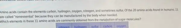 Amino acids contain the elements carbon, hydrogen, oxygen nitrogen, and sometimes sullur Of the 20 amino acids found in humans, 11
are called"nonessential" because they can be manufactured by the body when needed.
Which elements in these 11 amino acids are commonly obtained from the metabolism of sugar molecules?
nitrogen
hydrogen
sulfur
carbon
oxygen