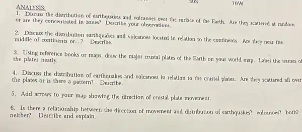 ANALYSIS:
1. Discuss the distribution of earthquakes and volcanoes over the surface of the Earth. Are they scattered at random
or are they concentrated in zones? Describe your observations.
2. Discuss the distribution earthquakes and volcanoes located in relation to the continents. Are they near the
middle of continents or __ ? Describe.
3. Using reference books or maps, draw the major crustal plates of the Earth on your world map. Label the names of
the plates neatly.
4. Discuss the distribution of earthquakes and volcanoes in relation to the crustal plates. Are they scattered all over
the plates or is there a pattern?Describe.
5. Add arrows to your map showing the direction of crustal plate movement.
6. Is there a relationship between the direction of movement and distribution of earthquakes?volcanoes? both?
neither? Describe and explain